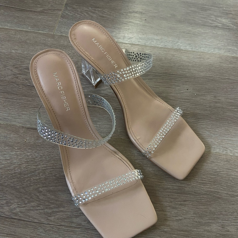 Marc Fisher Silver and Cream Heels with Crystal Strap